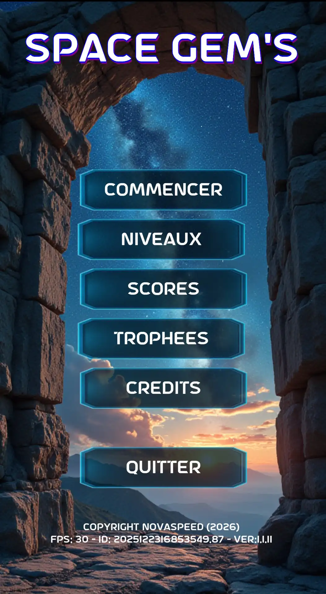 écran d'intro du jeu Space Gem's – graphismes et interface